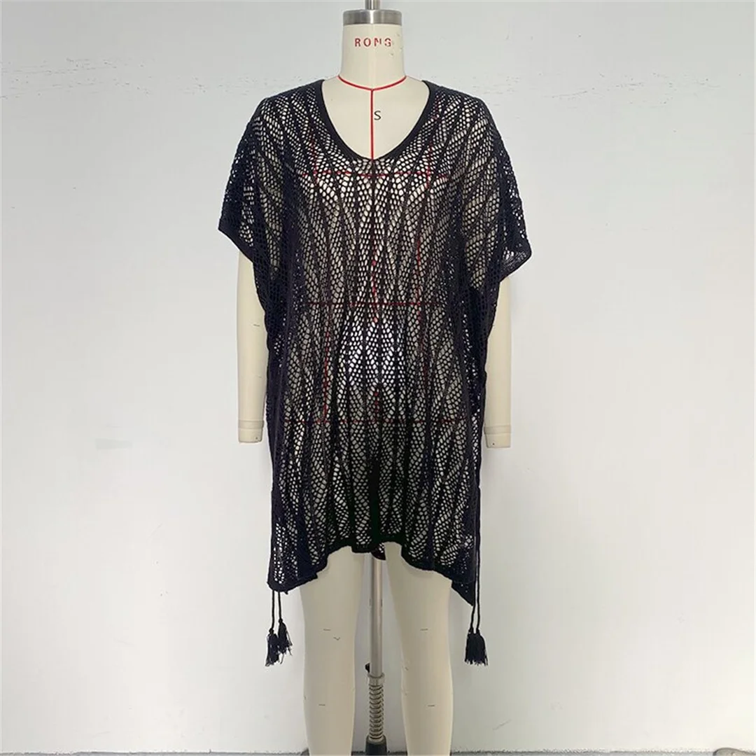 Neues, kurzärmeliges, einfarbiges, gehäkeltes Strick-Tunika-Strandkleid mit V-Ausschnitt, Strandkleid, Strandmode, Damenmode, K8580 – Detail 12