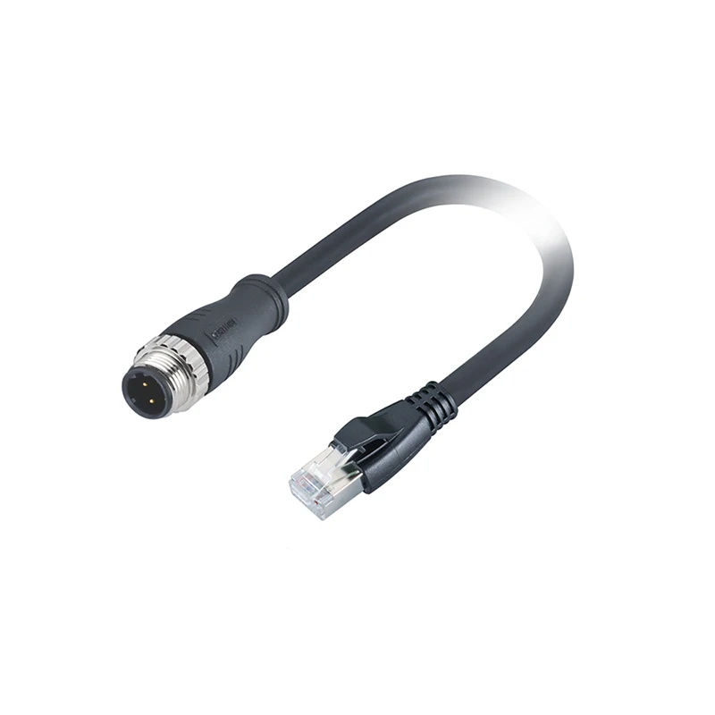M12 4 Pin D Code Male Connector to RJ45 Male Plug Molded with 1M PUR Green Ethernet Cable