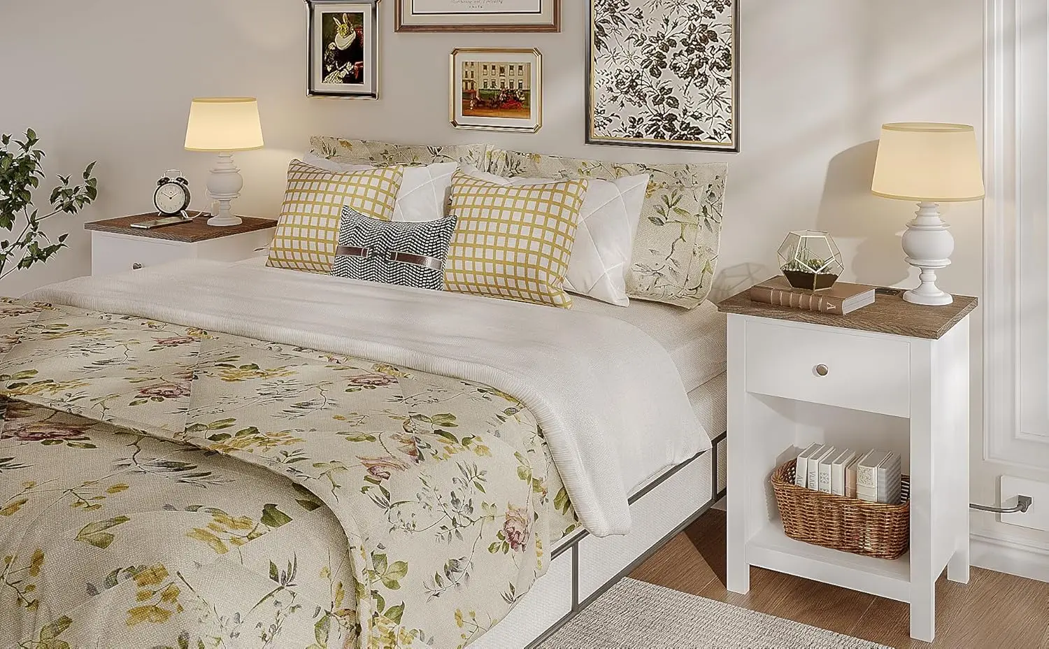 Farmhouse Nightstand Set Of 2,Night Stand With Charging Station, Wooden Top Bedside End Table With Drawer And Storage Space For