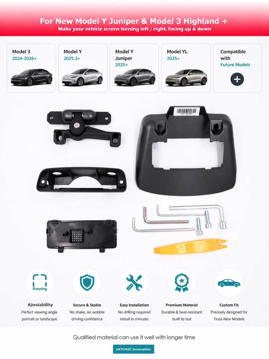 2026 SATONIC V2Pro Bildschirm-Schwenkhalterung 4-Richtungs-Rotation für Tesla Model 3 Highland & Model Y Juniper YL RHD & LHD Plug & Play – Detail 15
