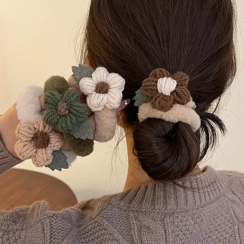 Newest Korean Woman Cute Plush Flower Hairband Elastics Hair Band Scrunchies Hair Ties Ladies Ponytail Hold Hair Accessories