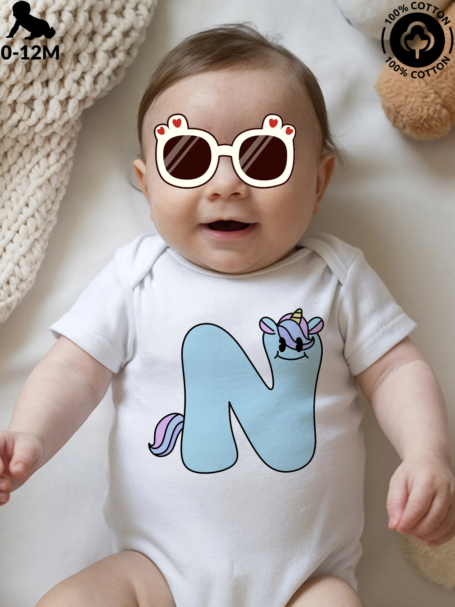 

Детский комбинезон-слип унисекс с буквой N и единорогом, из чистого хлопка, мягкий, всесезонный, белый, 190 г/м²