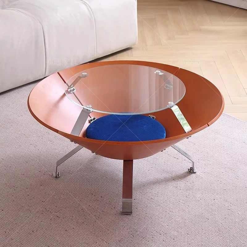 

Б/у круглый журнальный столик из массива дерева, винтажный низкий столик из стекла и нержавеющей стали, дизайнерский столик для гостиной с местом для хранения, чайный столик