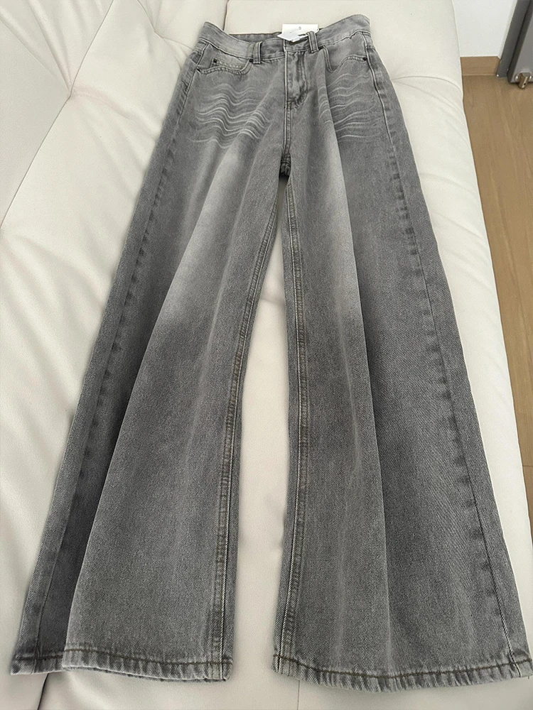 

American High Street Grey Wide Leg Jeans Women's Spring Autumn Loose Drapey Straight Lazy Floor-Length Pants