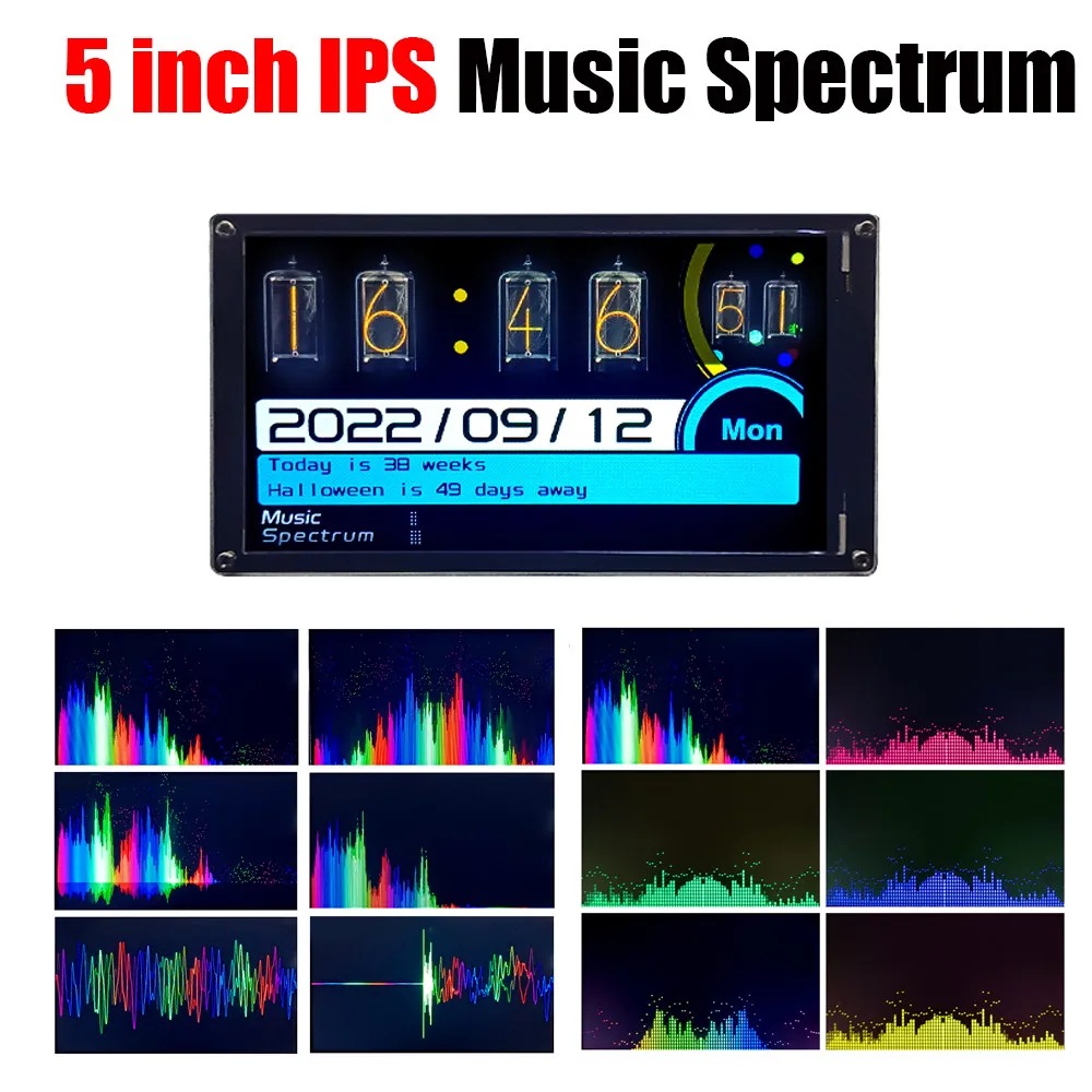 

5 Inch IPS LCD Music Spectrum Display Screen WIFI CLOCK Audio Analyzer Rhythm Light Level Indicator + Remote Control DC 5V-12V