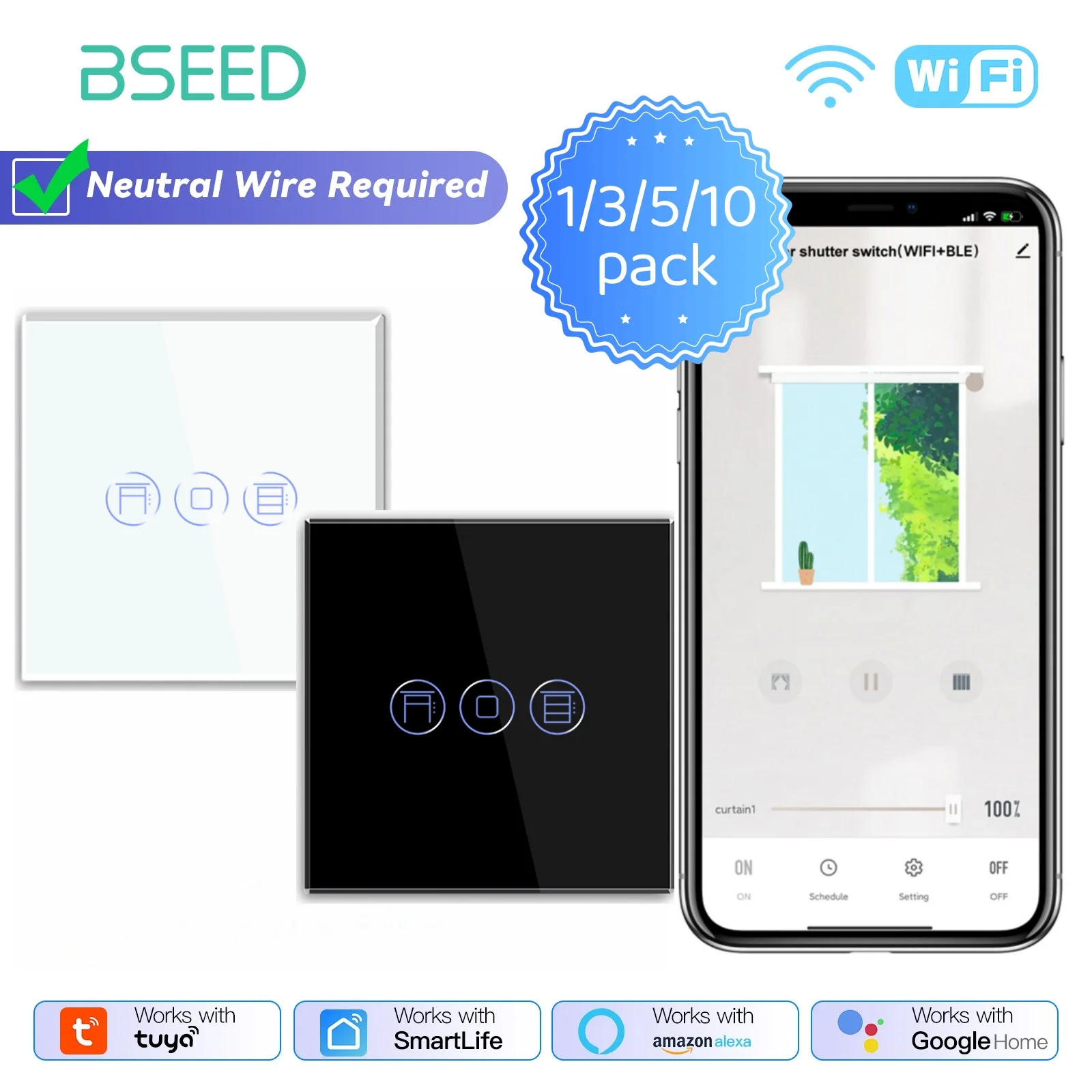 Image of BSEED WLAN-Rolladen-Schalter, Intelligenter Jalousie-Schalter, Kristall-Wand-Touch-Schalter, Drahtlose Steuerung über Smart Life Tuya Alexa App