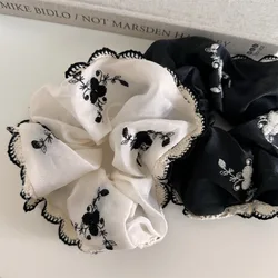 Vintage Fashion Black Embroidered Flower Hairrope Large Scrunchie Hair Loop Elegant Tie Ponytail Hairband Head Rope Headwear