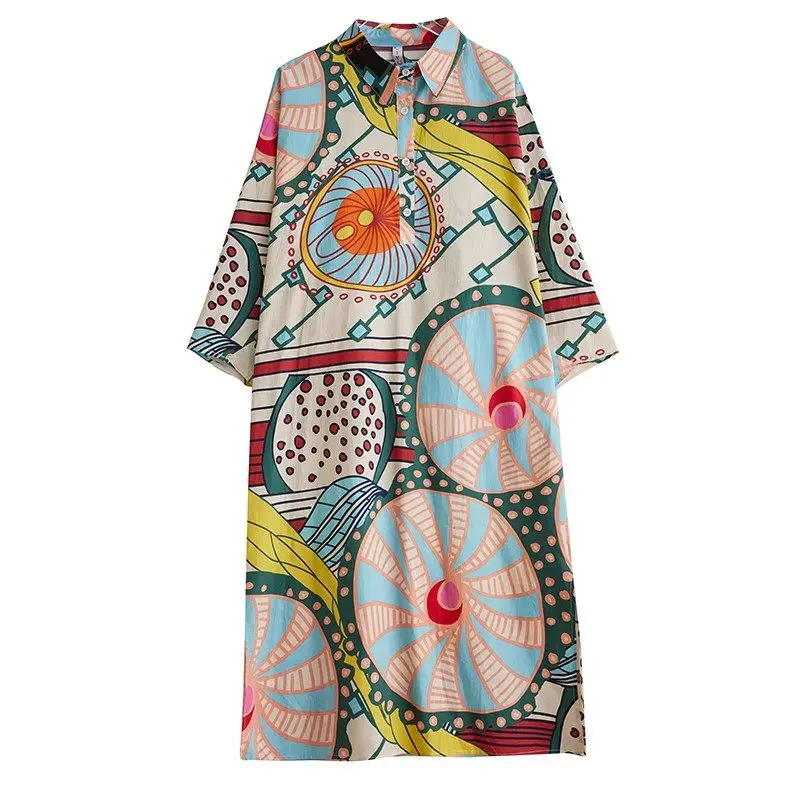 Lente Zomer Oversized Dameskleding Modieuze Koreaanse Print Shirt Jurk Casual Veelzijdige Split Zoom Mid Length Jurk Z4331