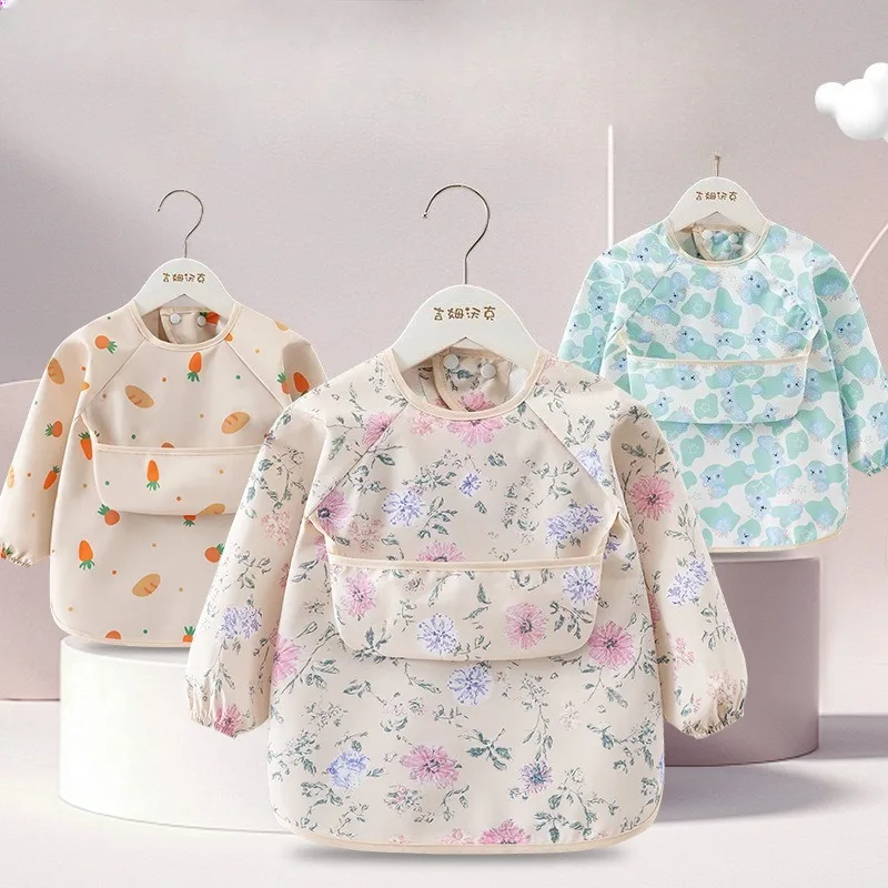 1PC Child Feeding Bib Waterproof Long Sleeve Apron Rice Pocket Feeding Blouse Toddler Bibs Children's Summer Thin Feeding Smock