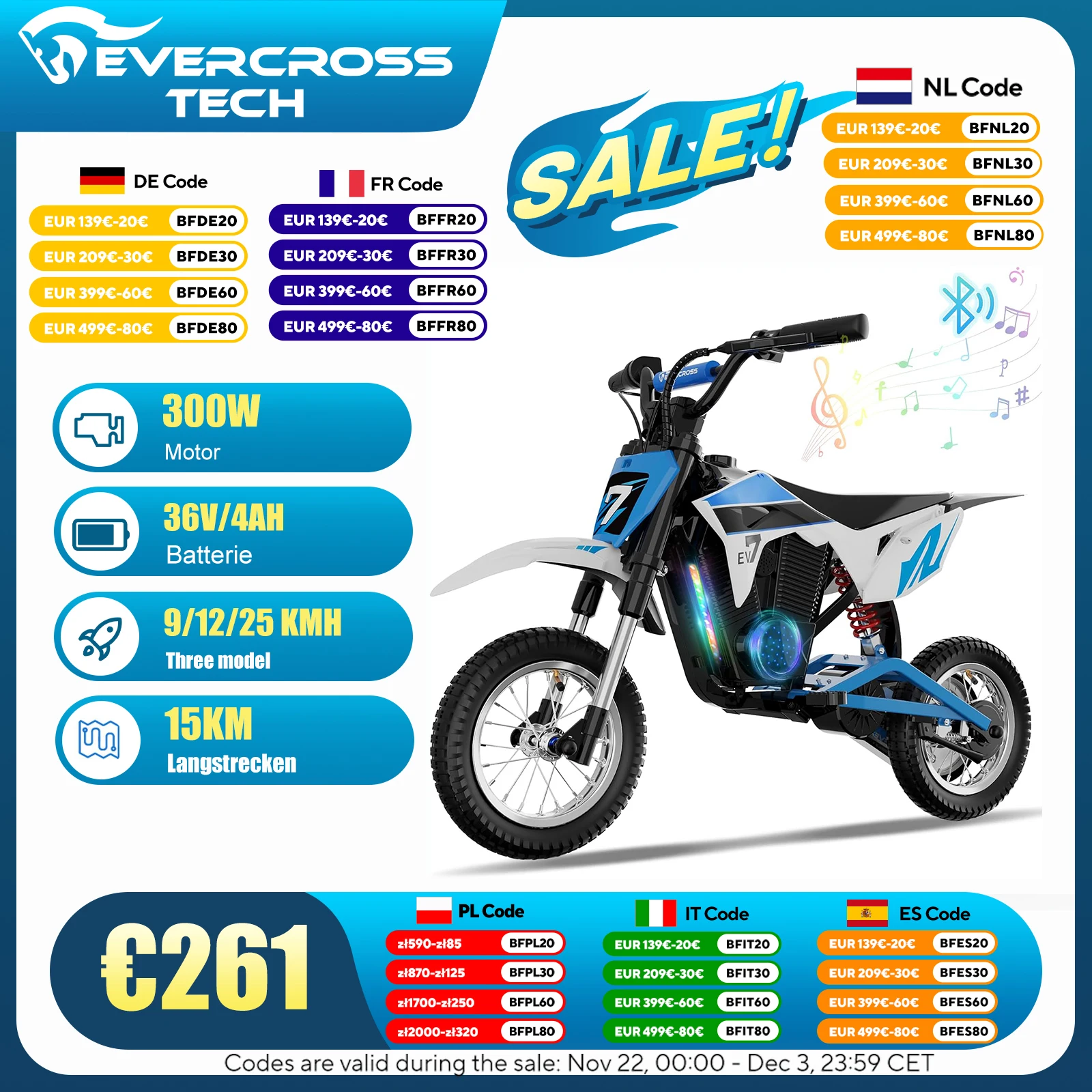 EVERCROSS TECH EV12M PRO Kids Electric Motorcycle, Electric Motorcycle with 300W Motor, 15km Long Range, 12'' Air Tires, Bluetooth Music, Colorful Lights, Motocross for Children Aged 3-12