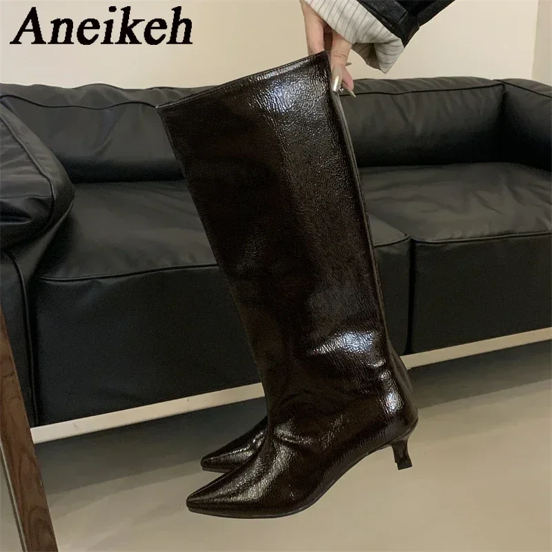 Aneikeh Winter Knee-High Boots Low Thin Heels Ladies Shoes Botas De Mujer Crimson Textured Patent Leather Cosy Pointed Toe Woman