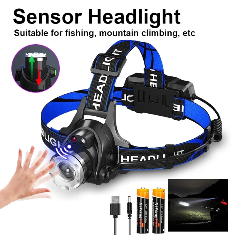 Powerful LED Induction Headlamp USB/DC Rechargeable Super Bright Head Flashlight Outdoor Camping Fishing Hunting Headlight