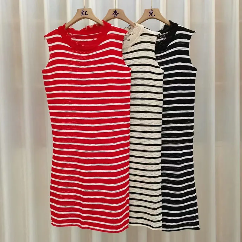 Striped Knit Sleeveless Long Dress Spring Summer Aesthetic Clothe Korean Fashion Casual Harajuku Dresses for Women 2024 Vestidos
