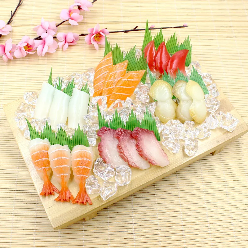 Plato de comida japonesa Sashimi, almeja ártica de salmón, pulpo, Anguila, modelo de comida simulada, Mini juguetes, accesorios de fotografía, decoración divertida, regalo