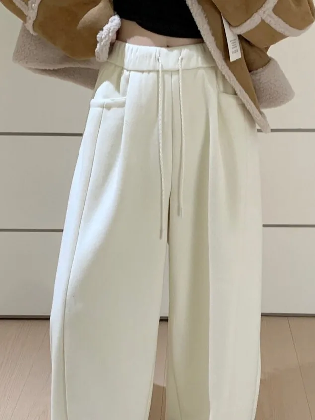 الكورية Sle المرأة الخريف الشتاء بنطال ذو قصة أرجل واسعة ثنى الموز السراويل عالية الخصر التخسيس العصرية السراويل المعكرونة الأرز