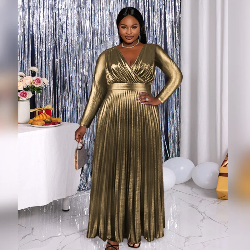 Gold Plated V-Neck Dress Elegant High Waist Pleated Long Sleeve A-Line Long Dress