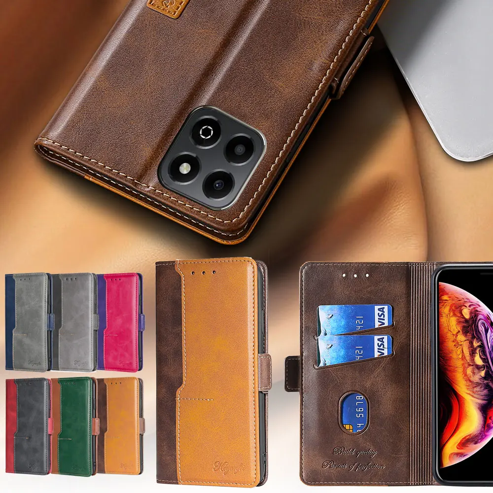 Contrasting Color Magnetic Buckle Flip Card Stand Leather Case for Honor 200 Smart honor X6B 4G Shockproof Cover Book Case Funda