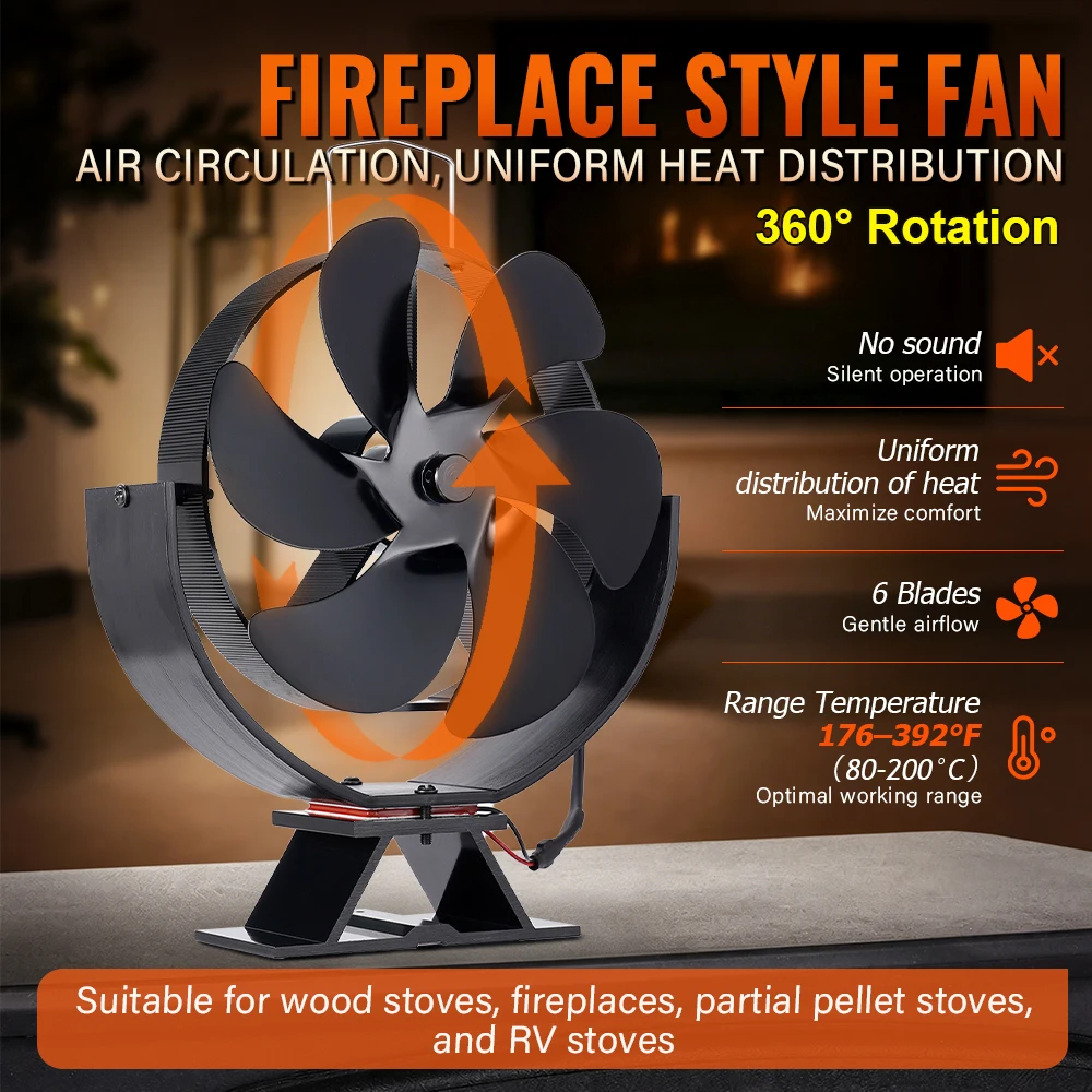 6 Blades Heat Powered Stove Fan 360 Rotating Fireplace Fan Log Wood Burner Eco-fan Quiet Efficient Heat Distribution Stove Fan