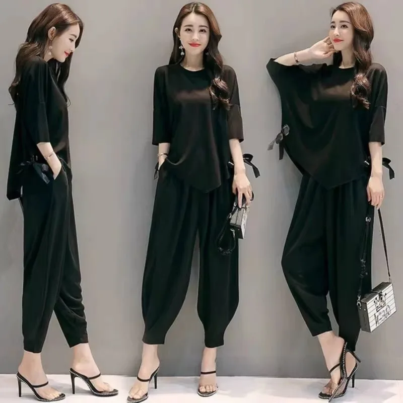 

Women's Suit Loose 2025 Summer New Casual Fashion Plus Size Bat Sleeve Crop Tops Wide Leg Pants Two Piece Set For Women Clothing