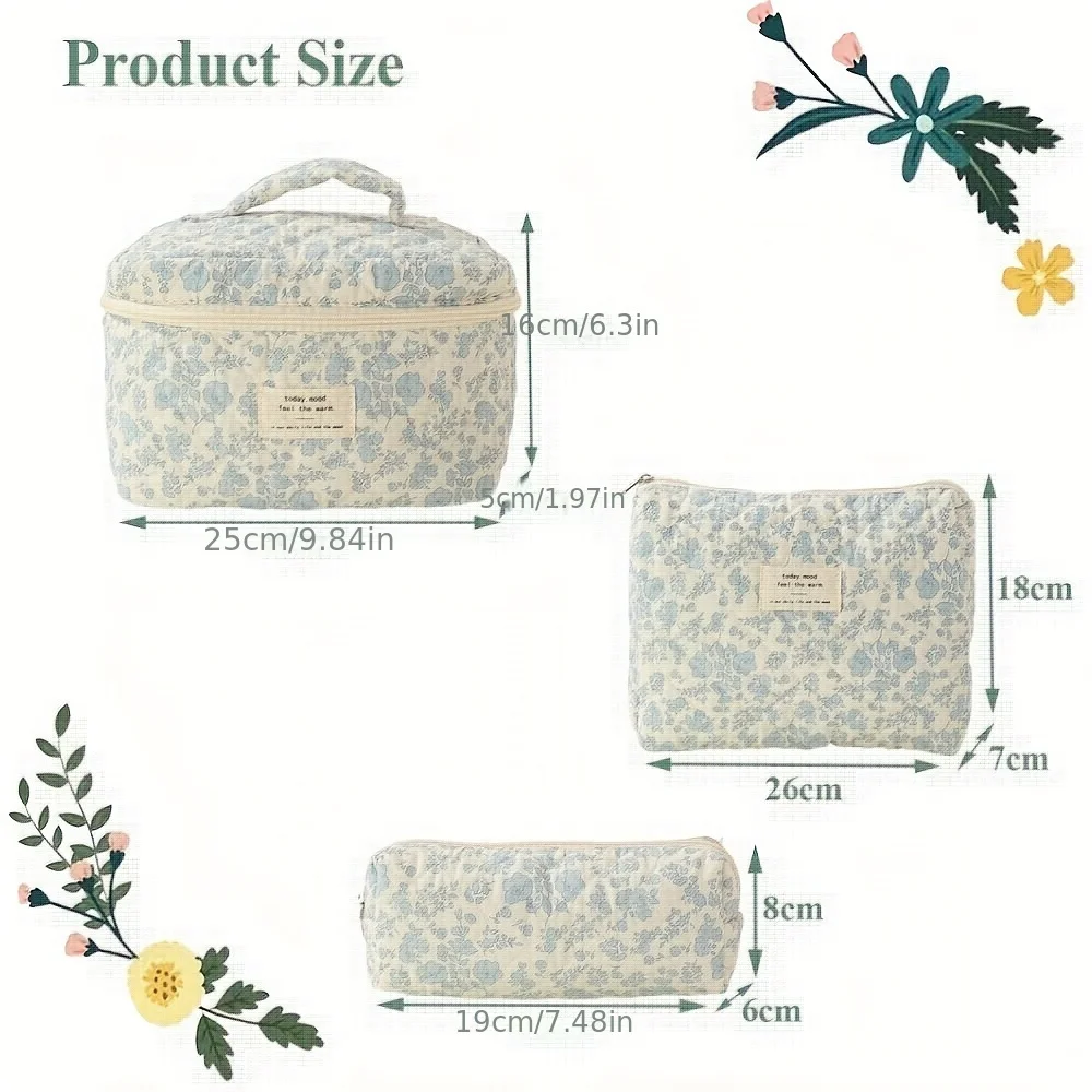 Large Travel Quilted Makeup Bag for Women, Floral Cotton Cosmetic Bag, Coquette Aesthetic Floral Toiletry Organizer Bag