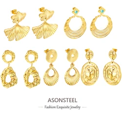 ASONSTEEL Trendy Stainless Steel Large Biloba Drop Earrings Metal Texture Stylish Golden Unusual Earrings Jewelry Waterproof