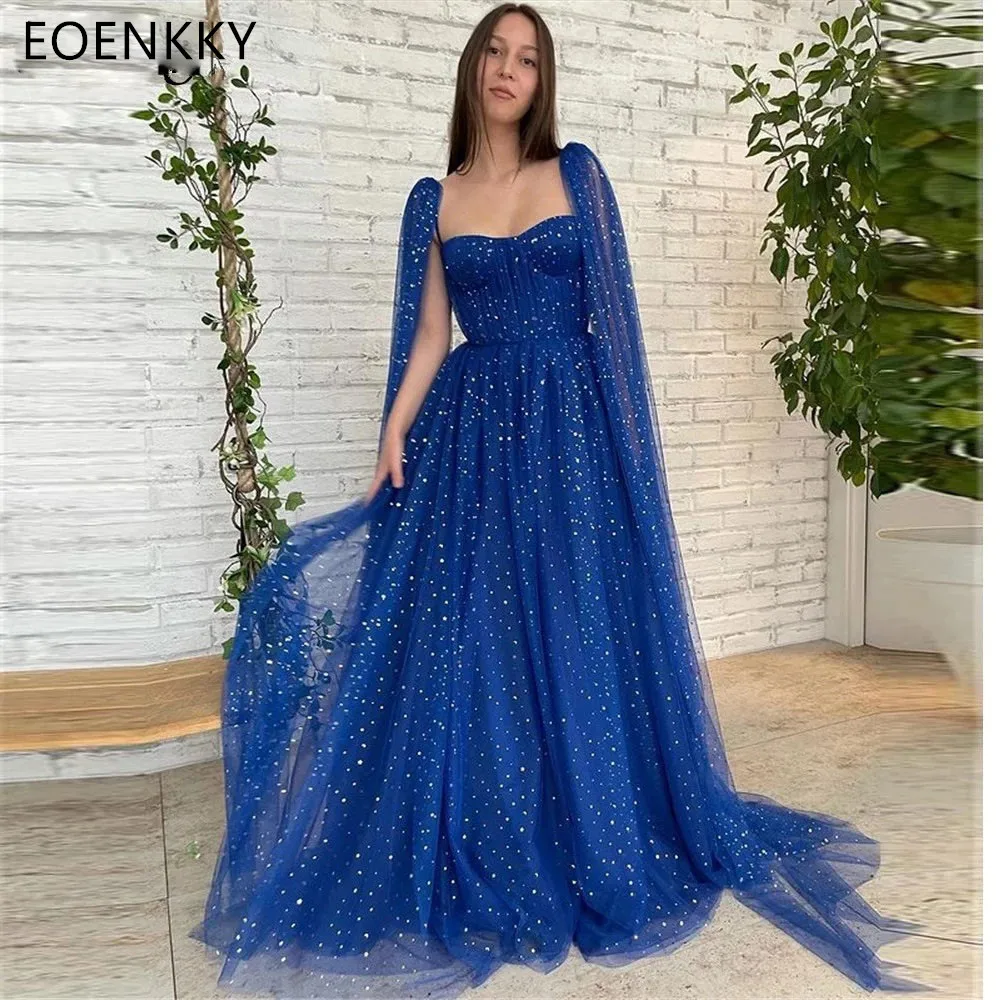 Elegant Women's A-line Prom Dresses Royal Blue Shining Sheer Long Sleeved Formal Occasion Dress vestidos de gala Customized