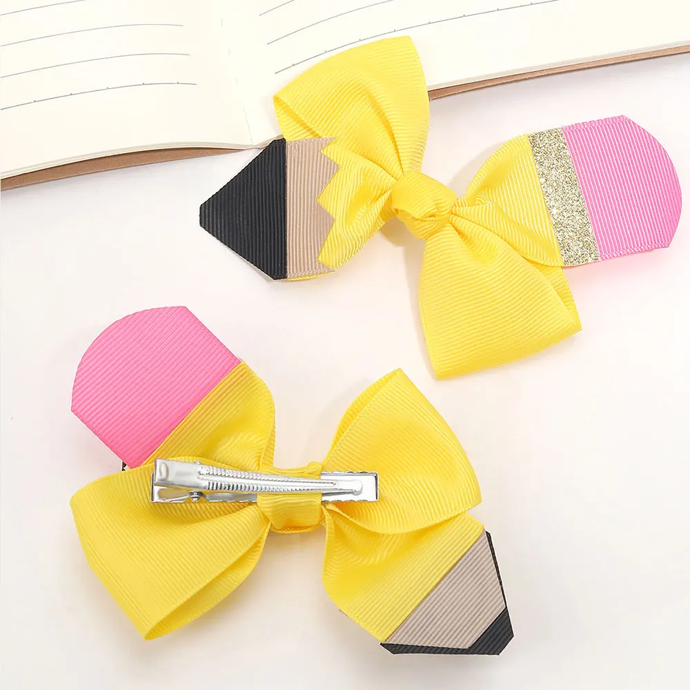 2PCS Back To School Hair Clips Cute Bow Pencil Hairpin For Girls Handmade Hairgrips Unique Solid Barrettes Kids Hair Accessories