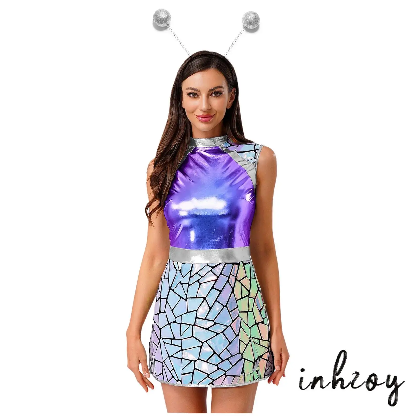 

Женский костюм чужой астронавта на Хэллоуин, металлическое блестящее платье трапециевидной формы и головной убор для Galaxy Traveler, космический воин, косплей