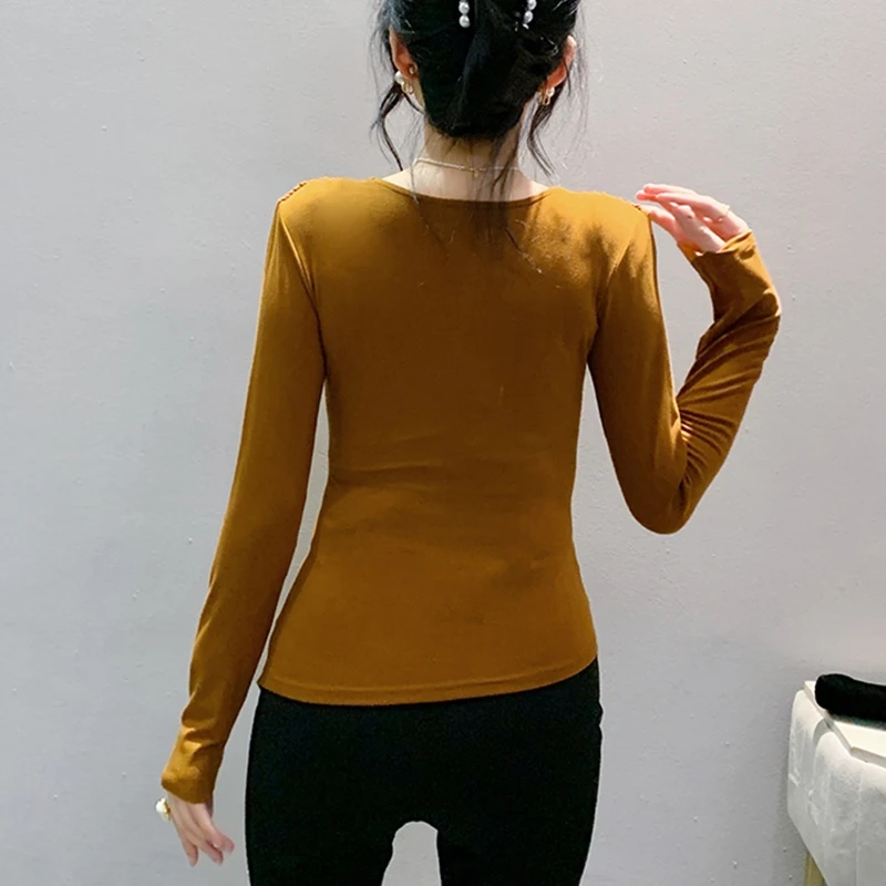 2024 New European Clothes Fall Winter Cotton T-Shirt Fashion Sexy V-Neck Draped Irregular Women Tops Long Sleeve Slim Tees 48039