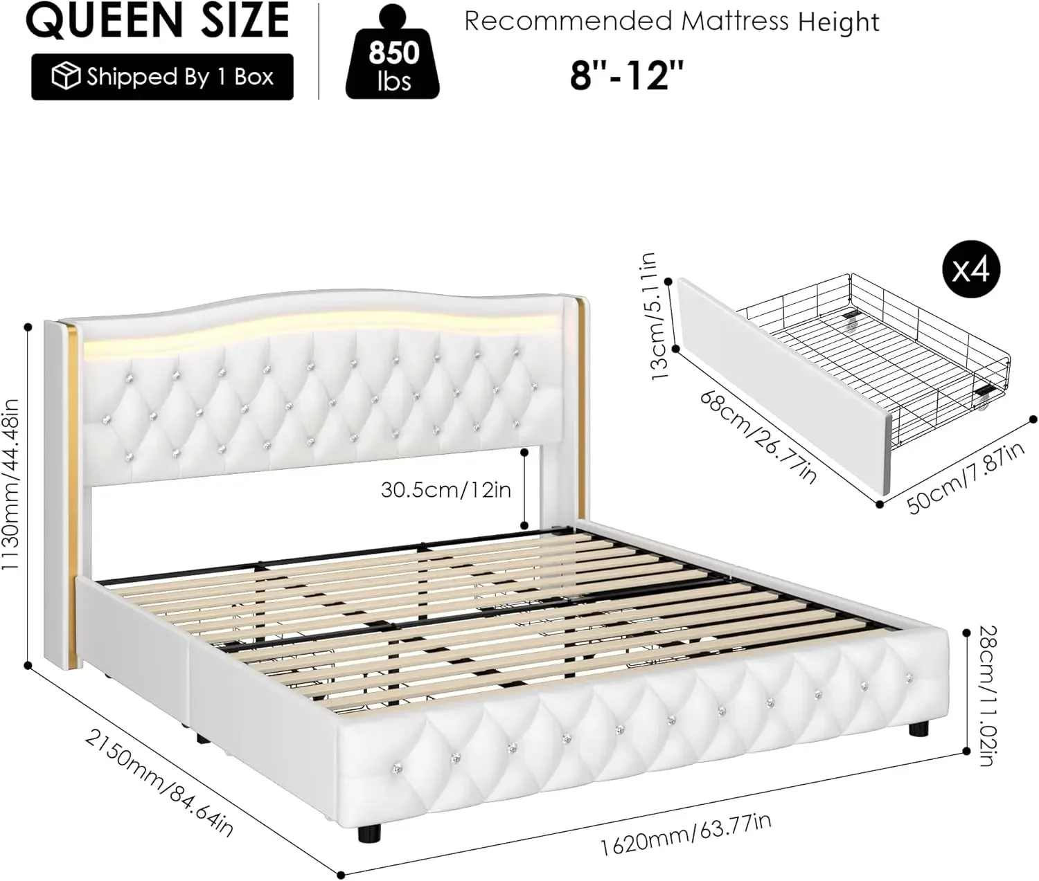 Queen Smart LED Platform Bed Frame with 4 Storage Drawers Crystal Button-Tufted Wingback Headboard with Stainless Gold Trim