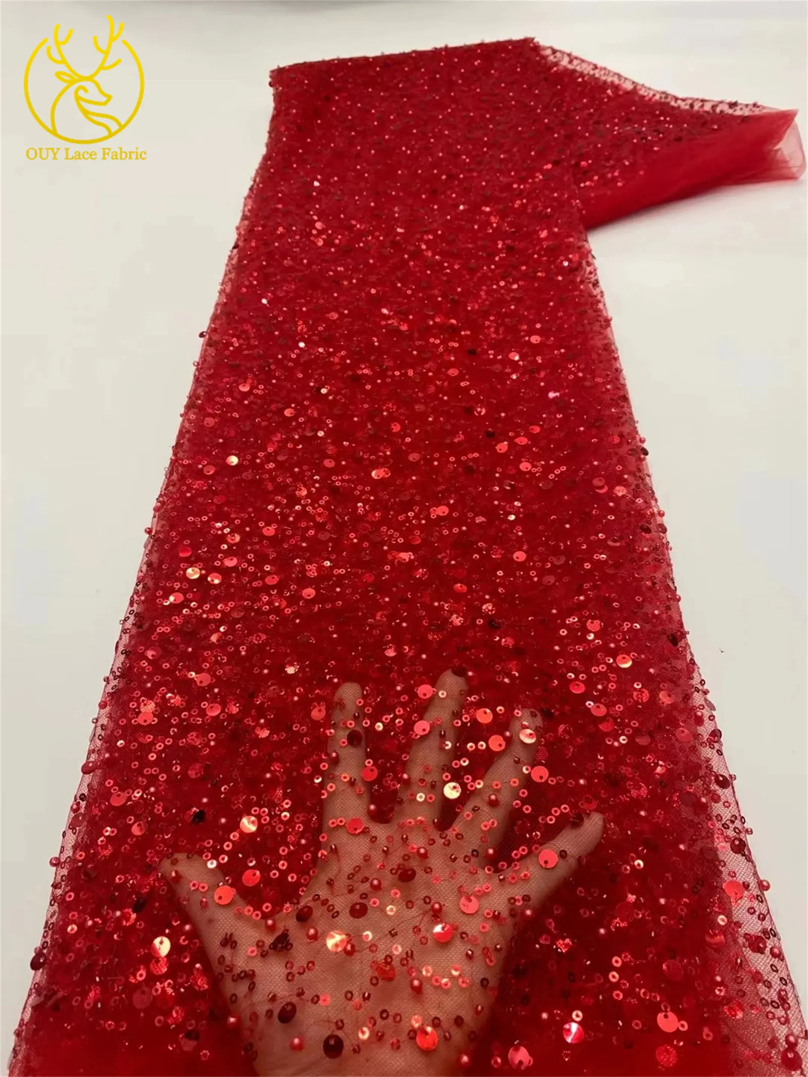 Rosa afrikanischer Tüll-Spitzenstoff mit Pailletten, 5 Yards, hochwertige nigerianische Perlen-Mesh-Spitze für Brautkleider, Hochzeitsfeiern und Näharbeiten. – Detail 22