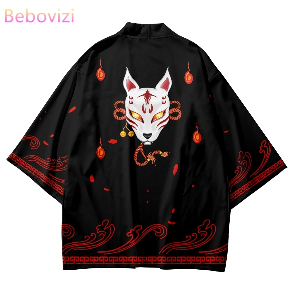 

Vintage Shirts 2023 Summer Beach Kimono Japanese Anime Fox Printed 3/4 Sleeve Shirt Haori Fashion Kimono Yukata Men