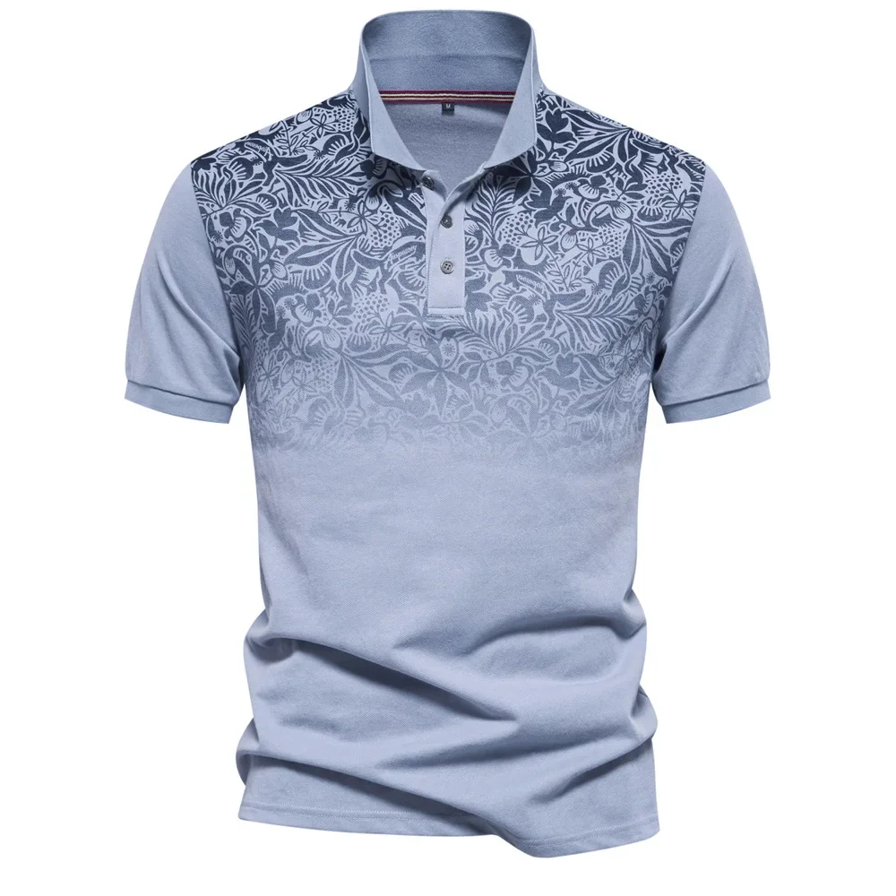 LIBIELIY 2025 Summer New Fashion Men's Turn-down Collar Short Sleeve Casual Business T-shirts Trendy Printed Gradient Color T-sh