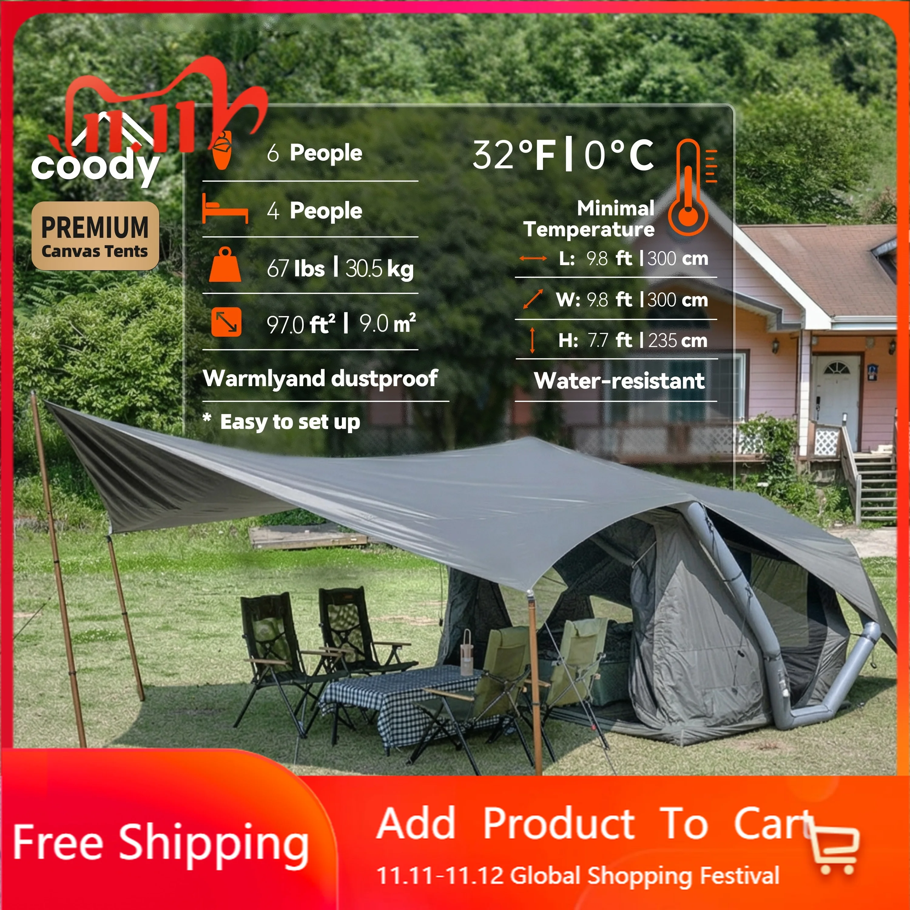 Coody Havena Gray Cotton Inflatable Tent Family Outdoor Camping Shelter