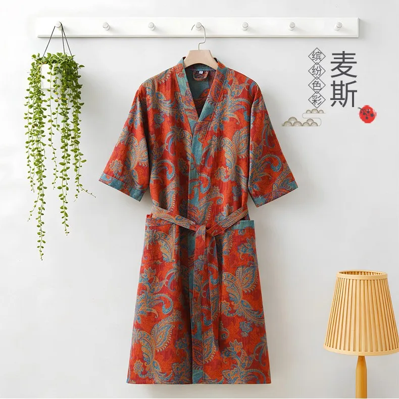 Pure cotton double-layer gauze bathrobe, Class A, spring/summer thin pajamas, loungewear, national style robe, couples