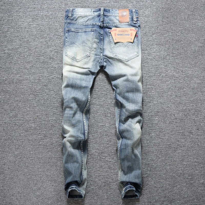 مصمم أزياء الرجال الجينز عالية الجودة الرجعية الضوء الأزرق تمتد سليم صالح ممزق الجينز الرجال أزرار Y2K خمر الدنيم السراويل أوم #2