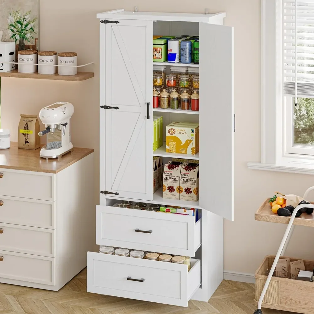 

Pantry Organizers and Storage Cabinet, 71” Barn Door White Kitchen Cabinet with Drawers and Adjustable Shelf,White