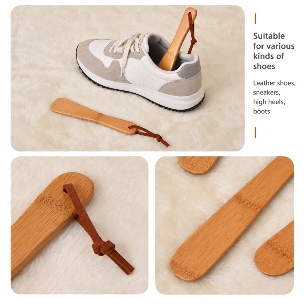 Durable Short Long Handle Bamboo Shoe Horn Bamboo Smooth Shoe Puller Hanging Rope No-Bend Shoe Helper For Pregnant Women