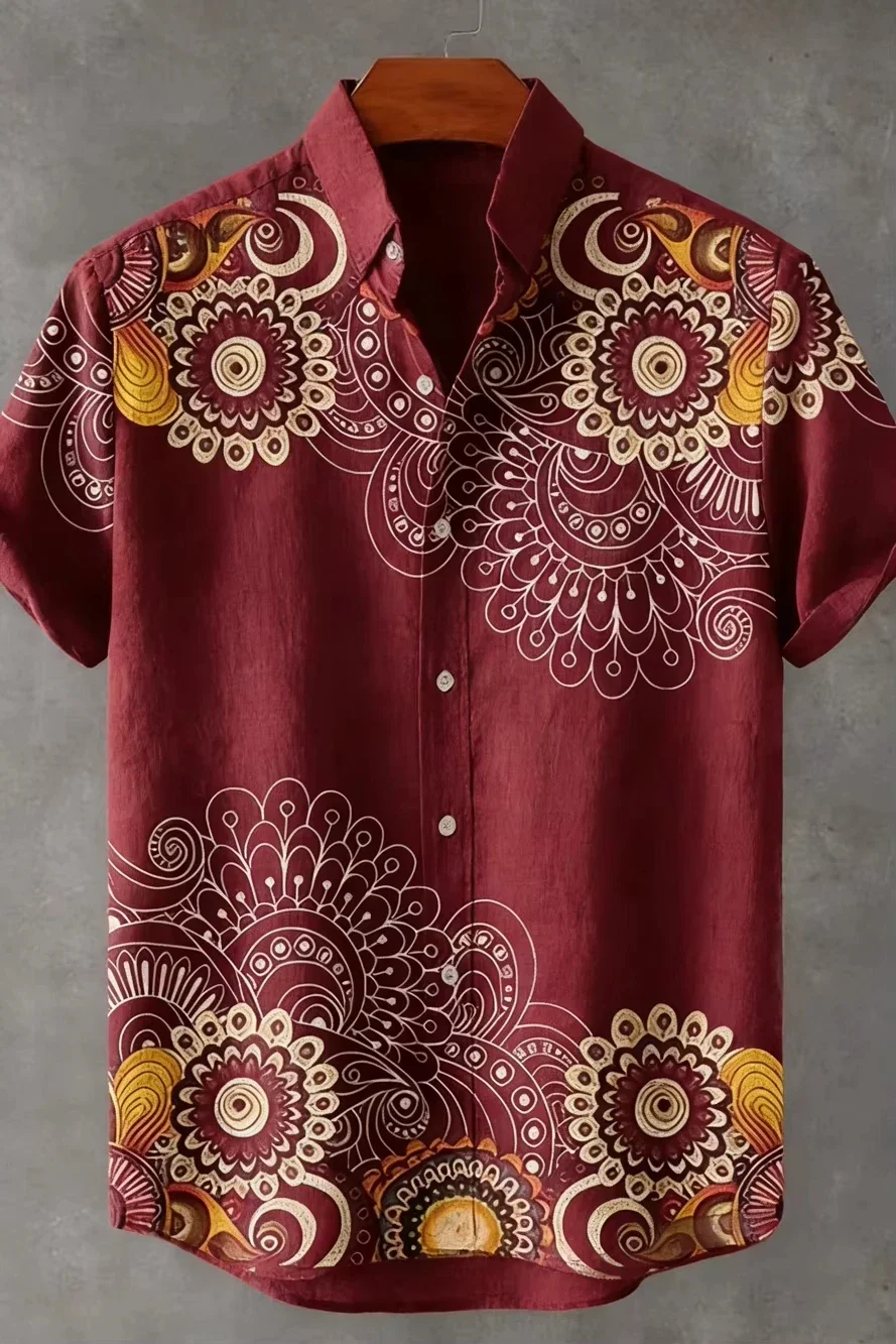 Men's Hawaiian short-sleeved shirt overall style is Bohemian ethnic resort style and Southeast Asian casual style beach wear
