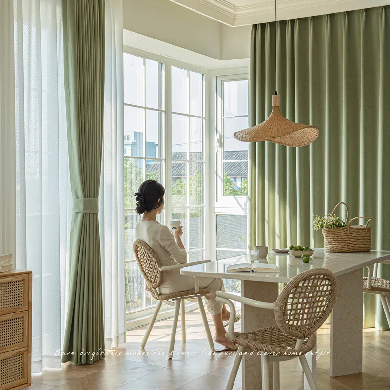 

Matcha green jacquard herringbone curtain 2023 new Nordic Japanese milk tea color bay window bedroom blackout curtain 1