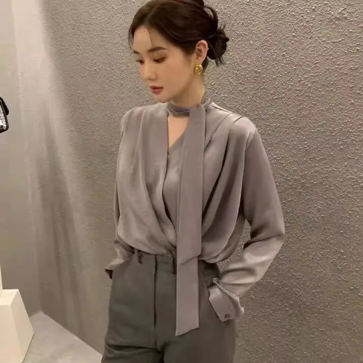 

Женский топ из ацетатного атласа Ele V-Ne, весна-осень, уникальный, модный, омолаживающий, французский стиль, длинный рукав