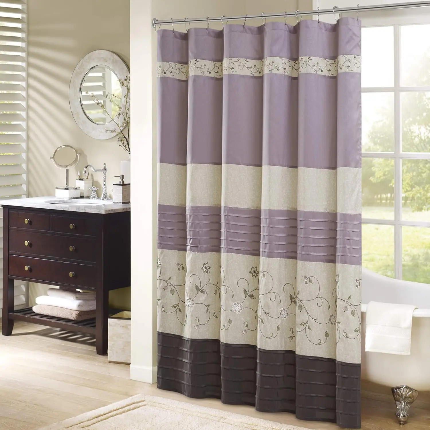 

Serene Flora Embroidered Shower Curtain, Purple Bathroom Decor, 72x72 Inches Transitional Design