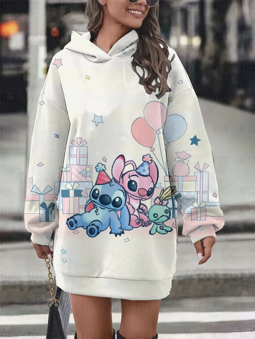 Ladies Sweater Casual Printing Disney Stitch Round Neck Long Sleeve Hooded Sweater Dress Simple Fashion Ladies Clothing New