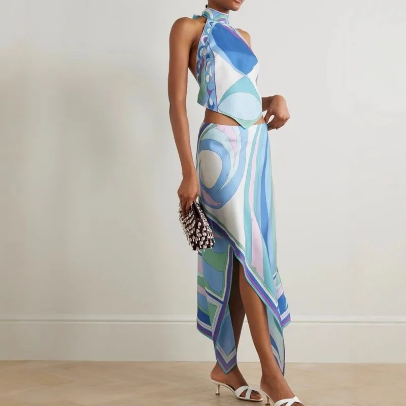 

Sexy Halter Backless Hollow Top+Irregular Skirts Boho Outfit Summer Sleeveless Lace-up Women Set Color Pattern Print Satin Suit