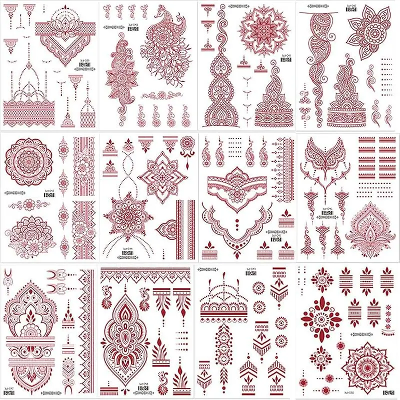 

12 красных наборов хны для татуировок, водонепроницаемые наклейки для татуировок для женщин, свадебные, праздничные и декоративные