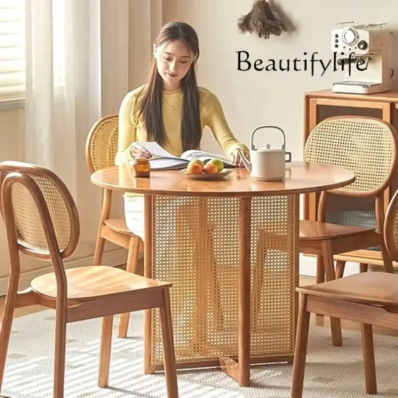 XX Household Small Apartment Round Solid Wood Rattan Dining Table Balcony Coffee Table Negotiation Simple Coffee Shop Table