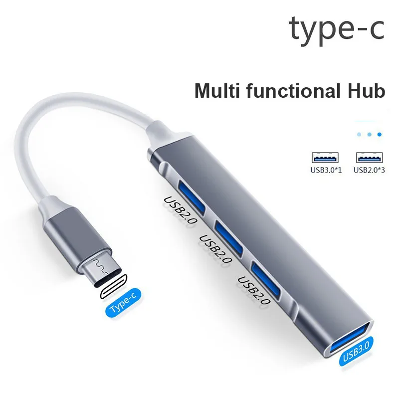 Type-C HUB 1 to 4 USB 3.0 Splitters 2.0 Hub Aluminum Alloy Docking Station 4 Ports Ultra-thin image 3