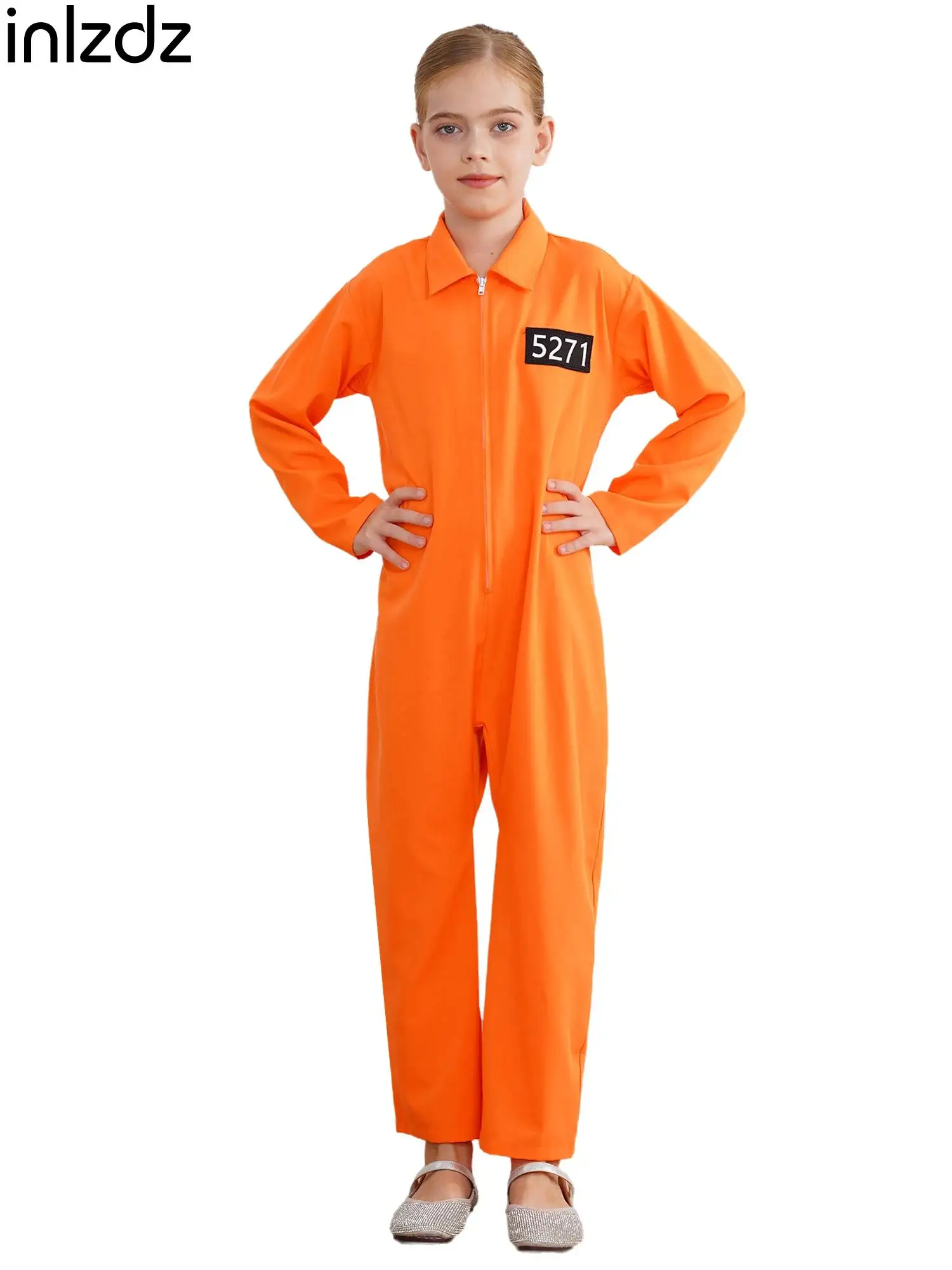 Kids Prisoner Costume One Piece Long Sleeve Prisoner Jumpsuit Jailbird Inmate Prison Uniform Party Halloween Cosplay Costume