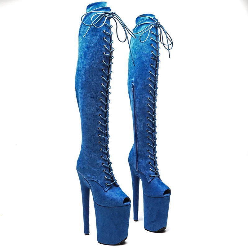 Leecabe 23 cm/9 Zoll Wildleder-Obermaterial, kleine offene Zehenpartie, modische Damen-Pole-Dance-Stiefel mit hohem Absatz