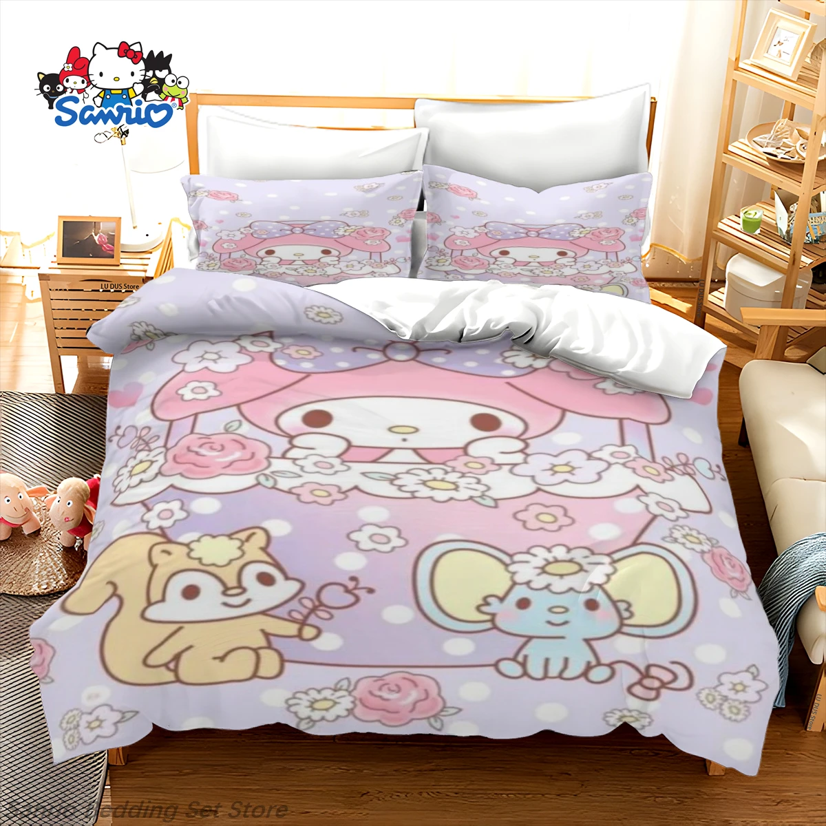 

Kawaii Sanrio My Melody Bedding Set Pink Purple Cute Anime Duvet Cover for Kids Teens Bedroom Decor Gift Queen King Size